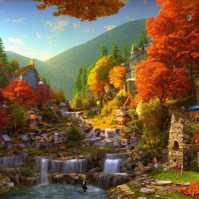 woodstock vermont fantasy street with a waterfall built on a hill, many shops on street, chimneys on buildings, large fall mountain in background with a waterfall, pumpkin people walking, fall foliage, over the garden wall, thomas kinkade, light cinematic, otherworldly, volumetric, realistic, cinematic lighting, ray tracing, unreal engine 5, unreal engine render, octane render, hyper realistic, photo, 8 k