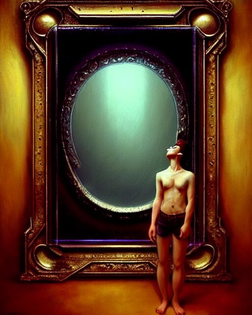 “a young boy standing in front of a mirror. headgear, art, window, visual arts, darkness, circle, reflection, fun, eyewear, personal protective equipment”