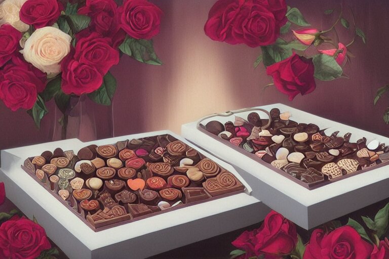 A Romantic Getaway: detailed tray of heart shaped chocolates and roses on the bed in the vaporwave mid century modern bedroom. highly detailed, digital painting, artstation, concept art, smooth, sharp focus, illustration, artgerm, tomasz alen kopera, peter mohrbacher, donato giancola, joseph christ. make it feel like a romantic getaway