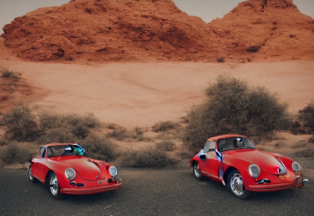 "A singular red Porsche 356 is parked in the middle of the desert, a matte painting by Scarlett Hooft Graafland, featured on unsplash,