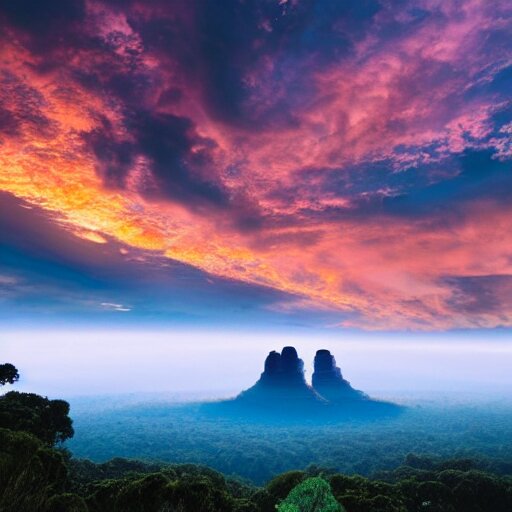 the sunrise reveals what's beyond the blue mountains of Yavin 5, Alien flora stretches hundreds of miles, landscape photography 4k