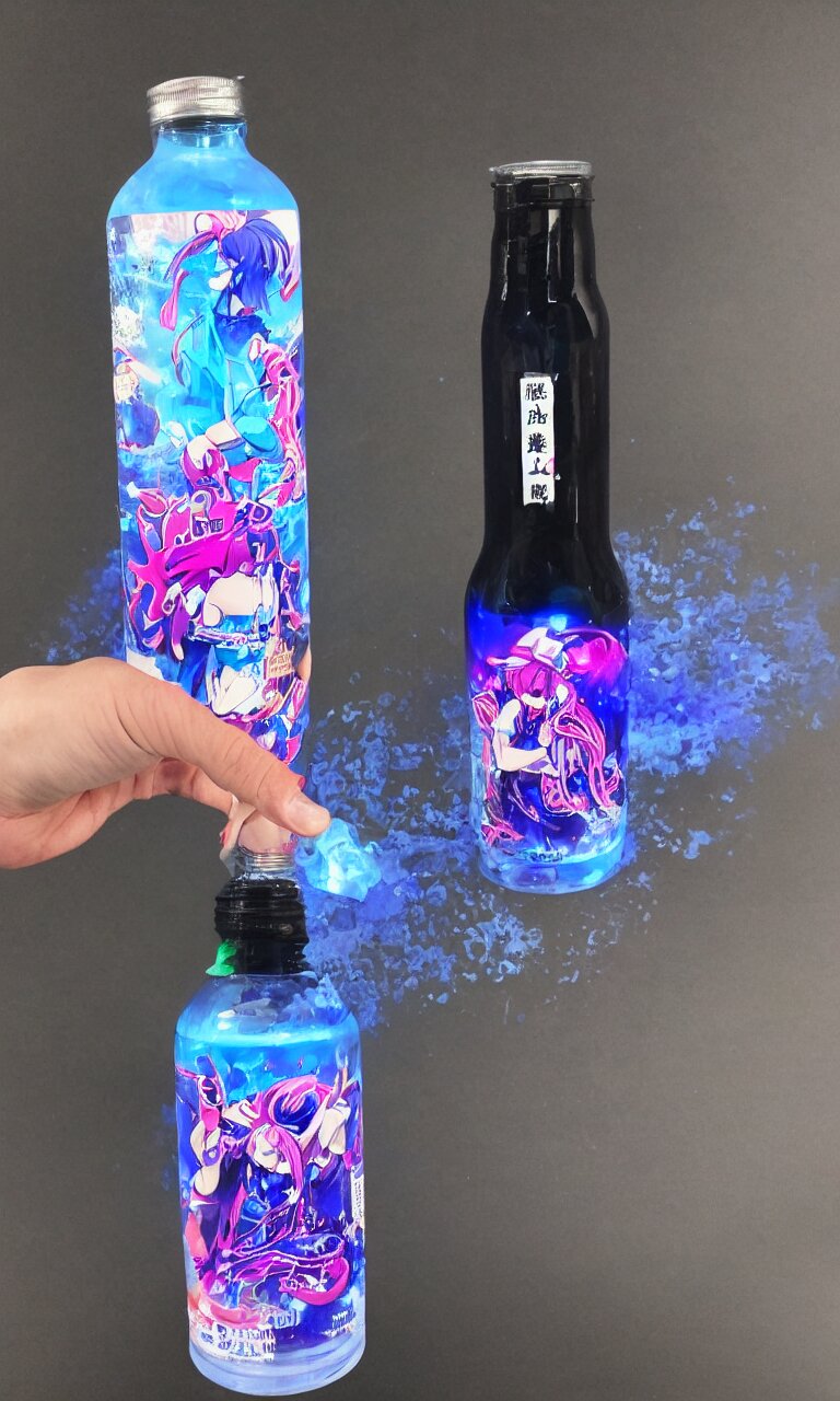 a very nice plastic bottle full of glowing fluid, there is a black sticker on the bottle with the mention of a product sponsor, anime style, takumi fujiwara. Have a person promote the bottle like a product sponsorship