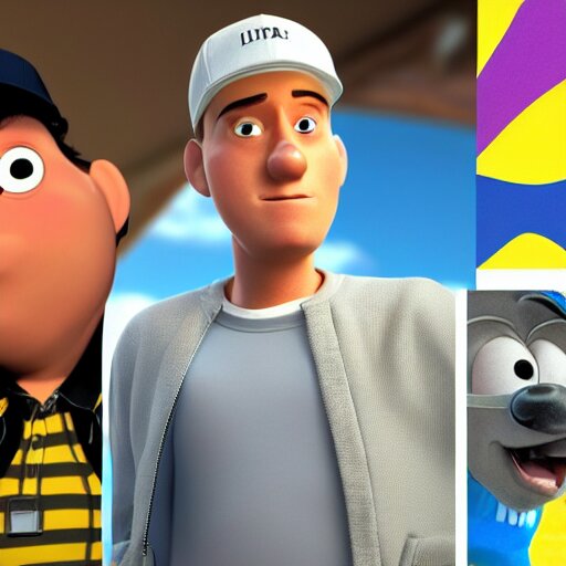 Eminem as a pixar disney character from "Up", rendered in Unreal Engine 4, OctaneRender, 3D render, and Photorealistic. grey hair and goatee, thin skin, angry eyes, piercings all over his face, ripped clothing