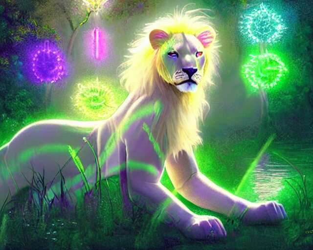 harmony glowing neon tiny butterfly stars, giant white lion, mute, closed eyes, androgynous blonde male wearing, pond, green 🍃, rainbow