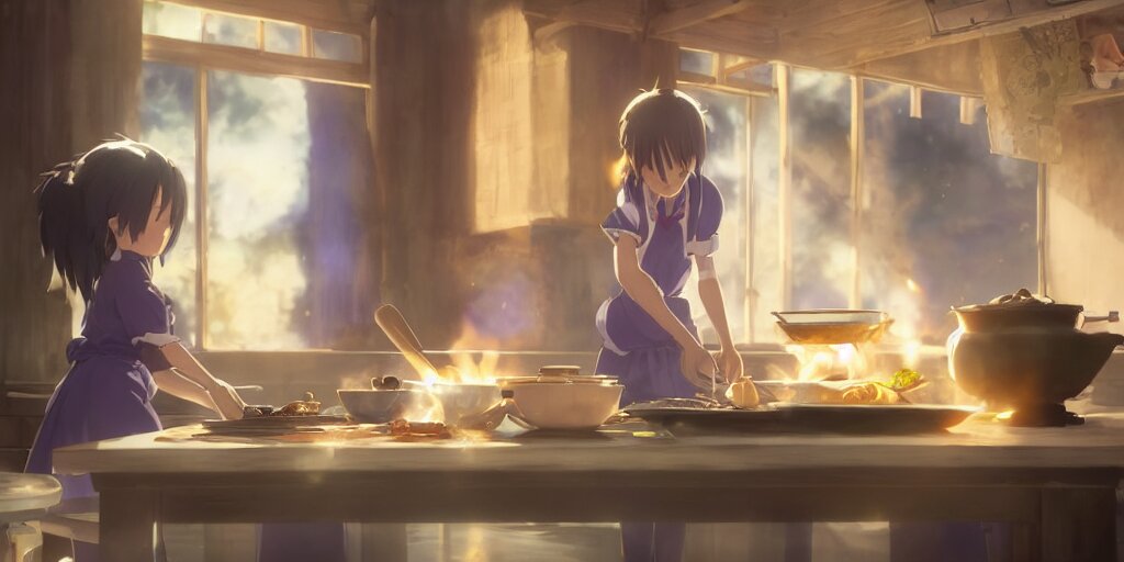 a delicious anime key shot of violet evergarden cooking tasty ramen in the kitchen, with vibrant color and lively motion! Rendered in Unreal Engine 5, anime key art by Greg Rutkowski, Bloom, dramatic lighting. add color and life!