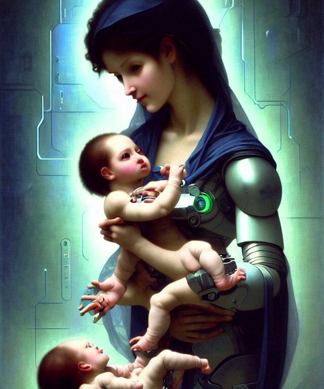 photo of futuristic holy cyborg-robotic-mother  holding a newborn cyborg-baby child in hands  by Raphael Santi, William-Adolphe Bouguereau, by  Ayami Kojima, Amano, Karol Bak, Greg Hildebrandt, realistic, cute, fine details, Blade Runner, Cyberpunk 2077, vaporwave, shaded lighting, by artgerm and Villeneuve, artstation, deviantart