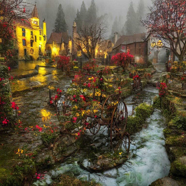 medieval village, ornate, beautiful, atmosphere, vibe, mist, smoke, chimney, rain, well, wet, pristine, puddles, red and yellow flowers, icicles, melting, dripping, snow, creek, lush, ice, bridge, cart, orange, green, stained glass, forest, flowers, concept art illustration, color page, trending on artstation