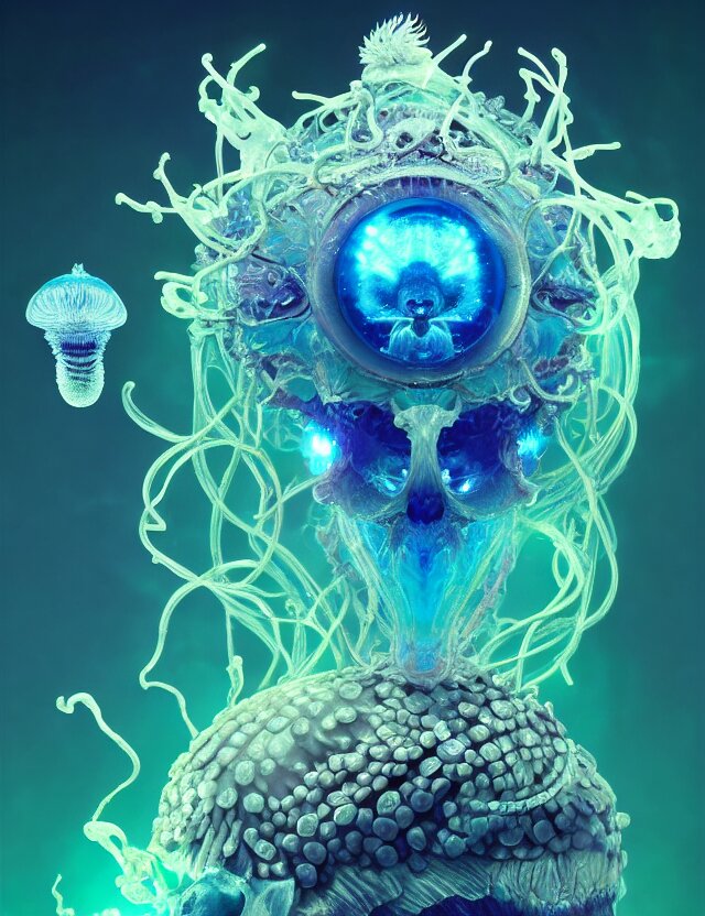 goddess macro close - up portrait wigh crown made of ram skull. betta fish, jellyfish phoenix, bioluminiscent, plasma, ice, water, wind, creature, super intricate ornaments artwork by tooth wu and wlop and beeple and greg rutkowski