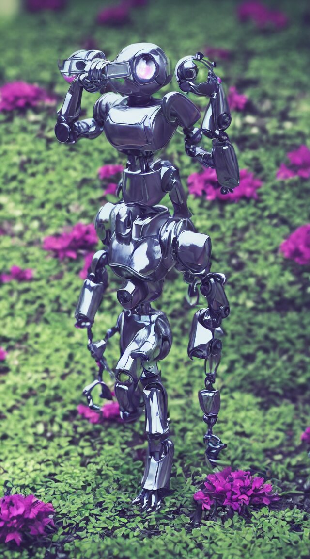 small toy robot in a garden, hyper detailed, sharp focus, bokeh, unreal engine, ray tracing, cute, fantasy, sci fi, purple lights, tiny, small