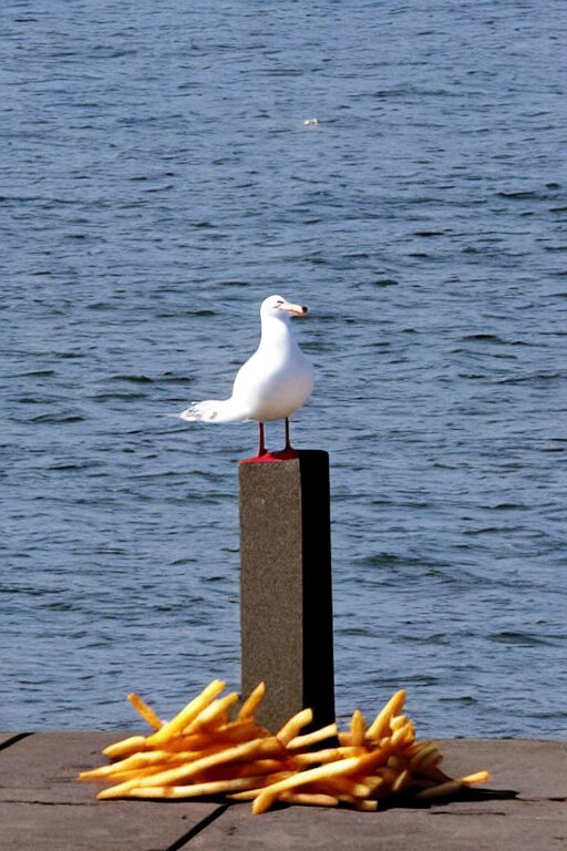 a seagull sitting atop a towering monolith of french fries