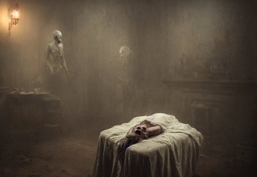 a Innatural and Tragic Dead Ghost in a Room of a Haunted House. Realistic Cinematic Lighting, Tender Octane, Dark - Art. Add a Twist of Horror