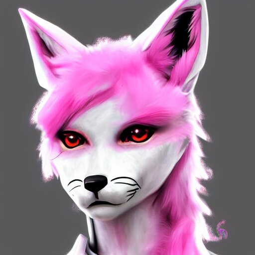 Digital art artstation, pixiv, portrait of a robotic fox with cybernetic body with pink hair, character fursona furry, furaffinity