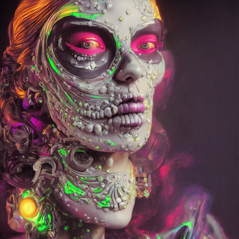 a baroque neoclassicist close - up portrait of a colorful retrofuturistic cyborg woman wearing blacklight uv day of the dead makeup, glowing fog in the background. renaissance portrait painting. highly detailed science fiction painting by norman rockwell, frank frazetta, and syd mead. rich colors, high contrast, gloomy atmosphere, dark background. trending on artstation