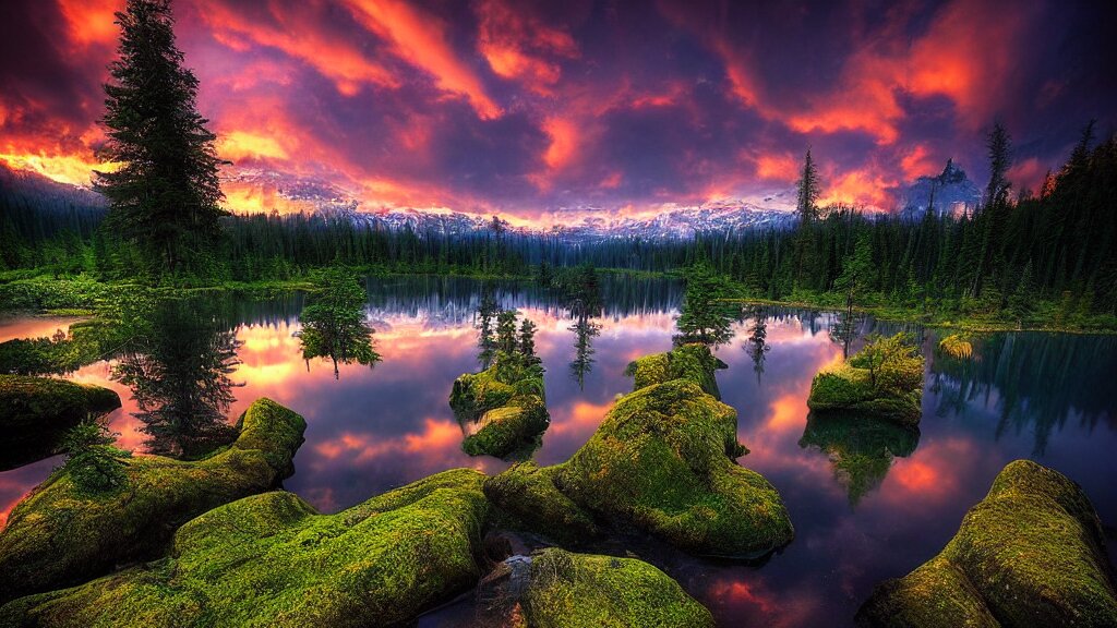 amazing landscape photo of a forest with lake in sunset by marc adamus, beautiful dramatic lighting with a subtle blue tone to the sky. Add a subtle blue tone to the sky