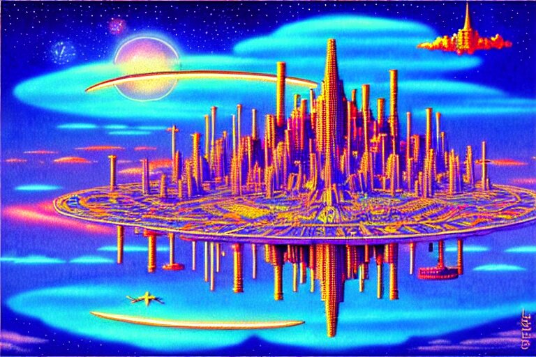 Flying island fortress-city in the sky, a fantasy sci-fi dreamworld painting in neon geometric inks, art nouveau by Terese Edvard Guay Kinkade