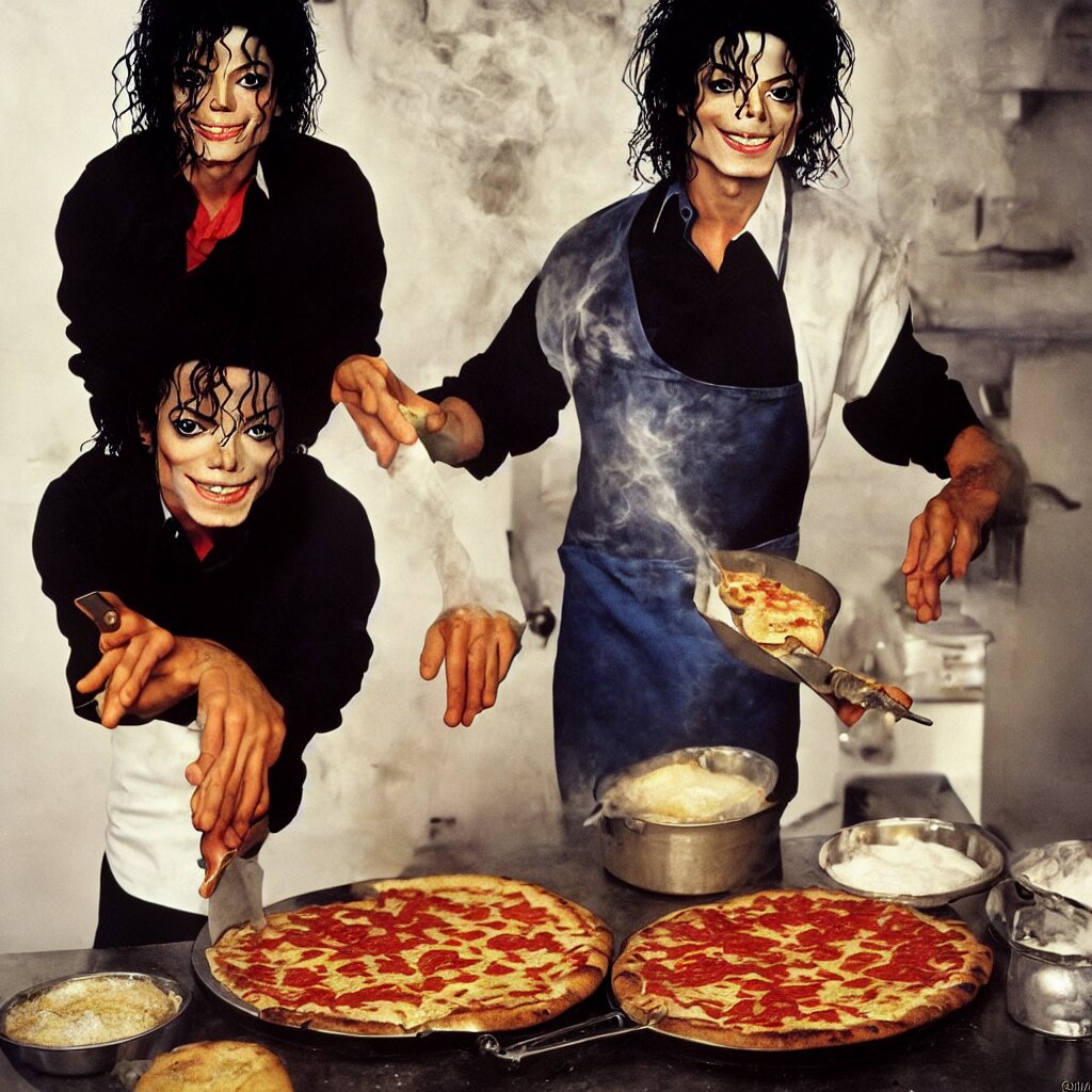 Award Winning Photo of Michael Jackson Baking Pizza from Children. Sepia Tone. Happy. Symmetrical Face. Beautiful Eyes. Studio Lighting. Wide Shot Art by Sally Mann & Arnold Newman. Aging the photo to a sepia tone.