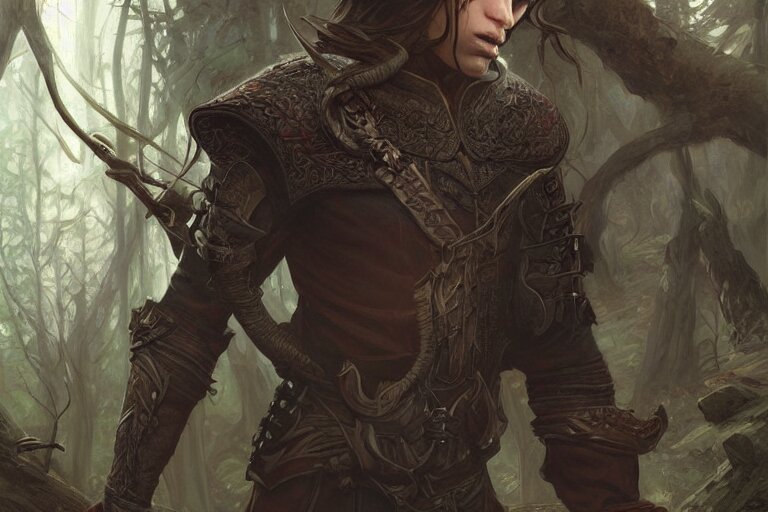 Portrait of male half - elf rogue, face, deep forest on whole background, dark fantasy, intricate, elegant, highly detailed, digital painting, artstation, concept art, smooth, sharp focus, illustration, art by artgerm and greg rutkowski and alphonse mucha, wlop