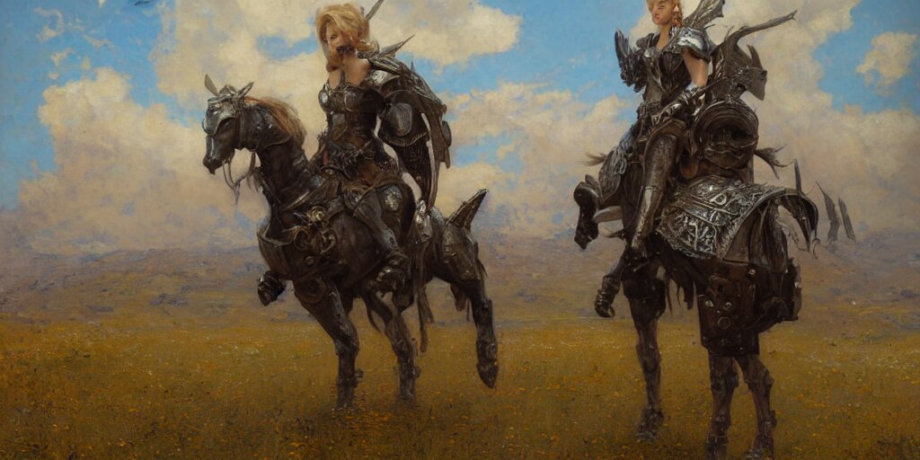 Portrait of one full body girl medieval armor and one metal horse landscape of meadow poses by gaston bussiere, anna nikonova aka newmilky, greg rutkowski, yoji shinkawa, yoshitaka amano, tsutomu niehi, moebius, donato giancola, geoffroy thoorens, concept art, trending on artstation, featured on pixiv, cinematic composition, 8 k