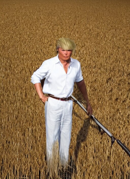 a full body portrait of a person looking like donald trump working in rice field in mountains, hot sun, by chinese artists