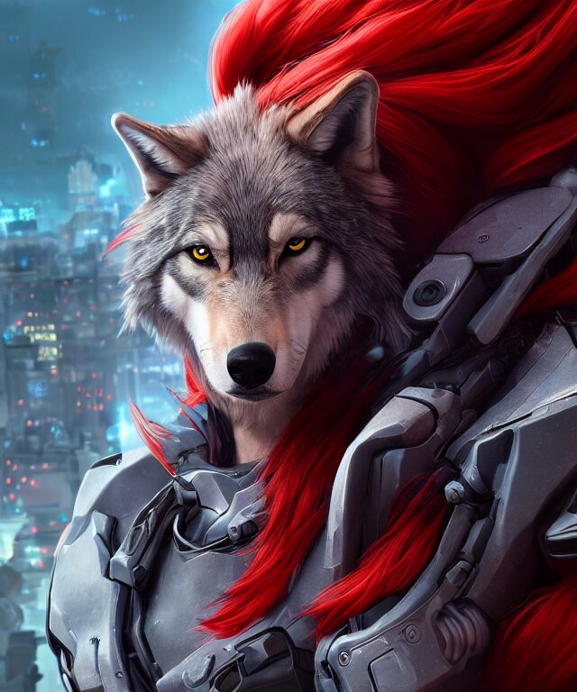 portrait of male anthropomorphic dark gray wolf, long red hair, blue eyes, in a futuristic city, hyper detailed, digital art, trending in artstation, cinematic lighting, studio quality, smooth render, unreal engine 5 rendered, octane rendered, art style by pixar dreamworks warner bros disney riot games and overwatch. attack mode roaring mode