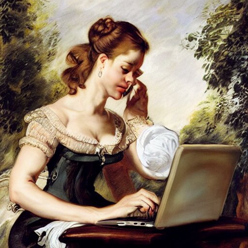 heavenly summer sharp land sphere scallop well dressed lady working on her laptop auslese, by peter paul rubens and eugene delacroix and karol bak, hyperrealism, digital illustration, fauvist, laptop, laptop