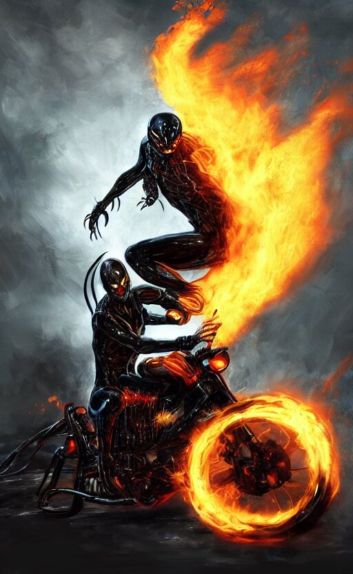 venom as ghost rider on a motorcycle, dynamic lighting, photorealistic fantasy concept art, trending on art station, stunning visuals, terrifying, creative, cinematic