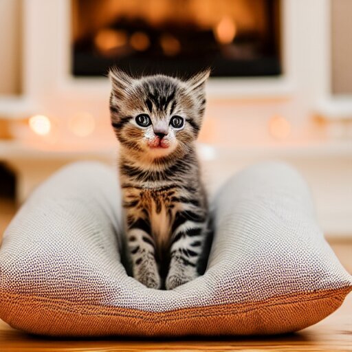 a cute little kitten sits on top of a plush pillow