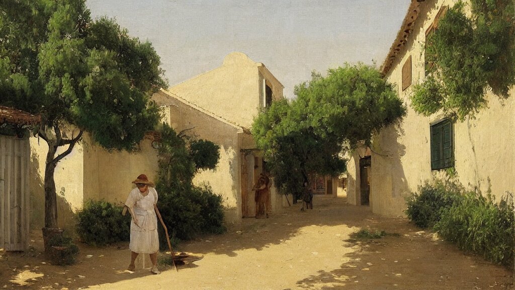 a beautiful extremely complex painting of a street in a mediterranean village in summer by peter ilsted, whitewashed housed, tall cypress trees, blue shutters on windows, elderly woman sweeping the ground with a broom, national gallery of art highlights