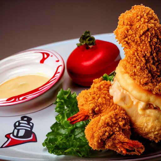 a fried chicken milkshake with the kfc logo, next to a shrimp wearing a little red dress on a plate, food photography, studio lighting, hyper realistic, sharp focus, hyper - realistic, 8 k resolution