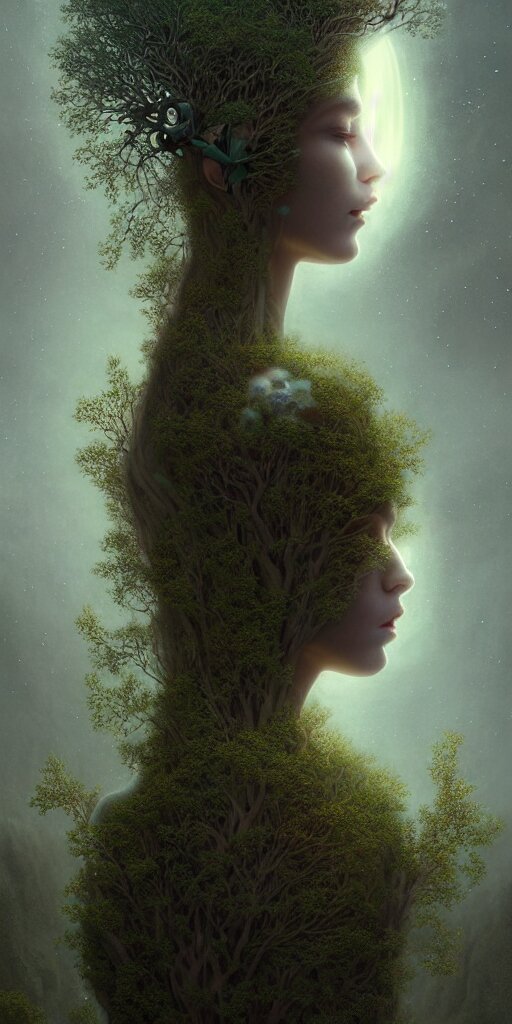 breathe into euphoria, alterd carbon, adam and eve, madison beer, half - woman half - tree half - mountain, many heads fractal infinite, dreamy ethereal vibe, dark atmospheric, detailed intricate render, fibbonacci, detailed illustration, hd, 4 k, digital art, overdetailed art, surrealistic, by greg rutkowski, by loish, laura sava, slavic traditional trending on artstation, deviantart