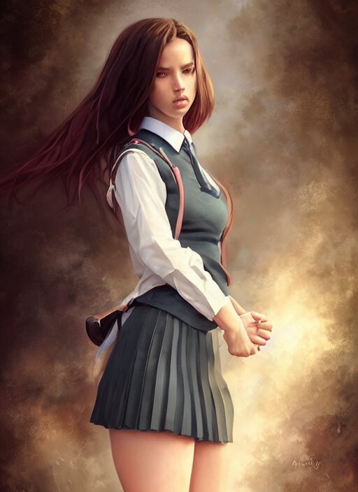 a beautiful woman with school uniform, seifuku, pleated miniskirt, overknee socks, adriana lima, painted by artgerm and tom bagshaw, fantasy art, dramatic lighting, highly detailed oil painting, volumetric lighting 