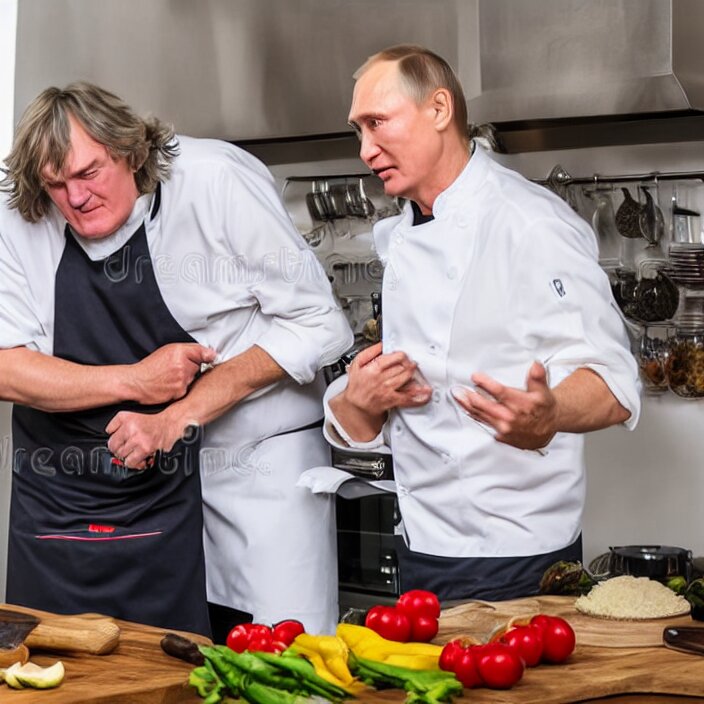 vladimir putin and james may in white apron in kitchen cooking dinner. stock photo, high key lighting, photograph Turn Vladimir Putin and James May into chefs cooking dinner in a white apron. Low key lighting.