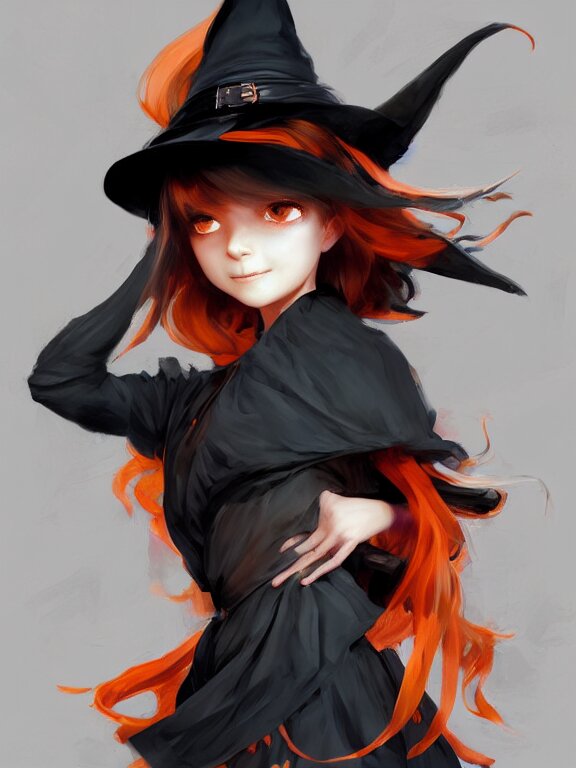 Full shot of a cute mischievous young witch about to get up to some trouble. Black and Orange palette. By Ruan Jia and Artgerm and Range Murata and WLOP and CLAMP. Key Art. Fantasy Illustration. award winning, Artstation, intricate details, realistic, Hyperdetailed, 8k resolution.