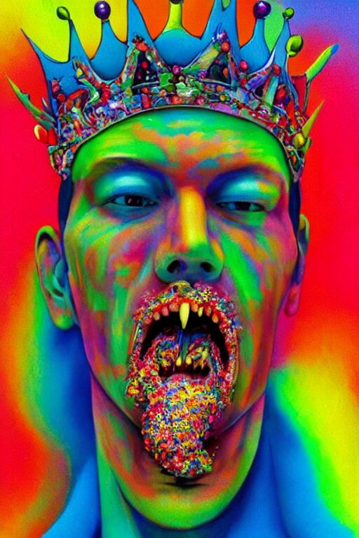 a colorful vibrant closeup portrait of a fashion model licking a tab of lsd acid on his tongue, slicked back hair, beads and jewles hanging from a crown, and dreaming psychedelic hallucinations, by moebius, edward hopper and james gilleard, zdzislaw beksinski, steven outram colorful flat surreal design, hd, 8 k, artstation