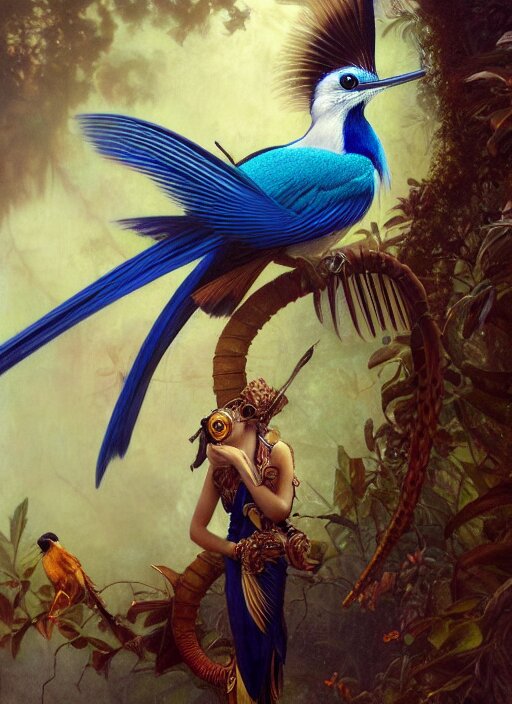 hyper realistic paradise flycatcher, refined details, denoised, birds eye view, magical, gems, jewels, gold, steampunk, cyberpunk utopia, painted by tom bagshaw, mucha, gaston bussiere, craig mullins, j. c. leyendecker 8 k