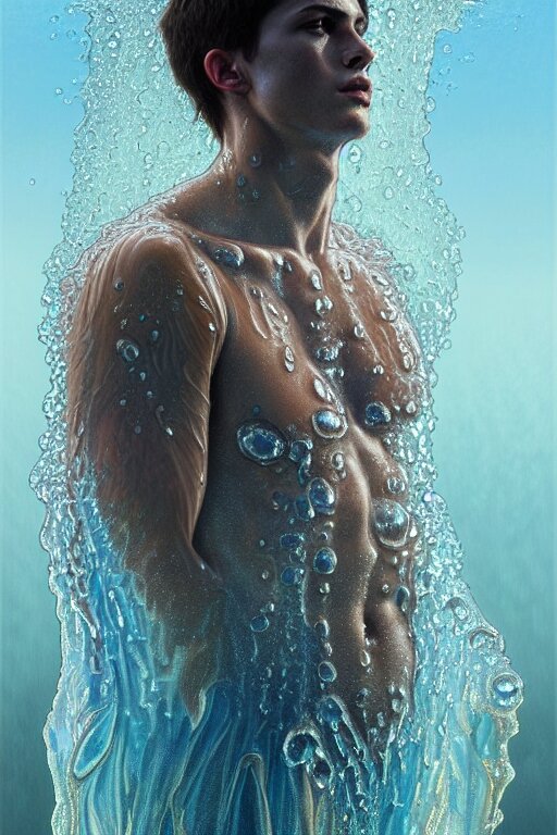 Body portrait of a young man made of water emerging from a lake, wearing a cloak, by terry o'neill intricate, elegant, highly detailed, digital painting, glistening skin, artstation, concept art, smooth, sharp focus, natural lighting, bright colors, illustration, art by artgerm and greg rutkowski and alphonse mucha. place a beach umbrella in the foreground