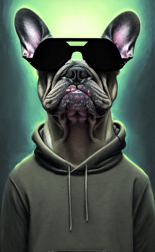 detailed portrait of a french bulldog with a hoodie typing on his laptop at night wearing sunglasses, volumetric light, shallow depth by ismail inceoglu dragan bibin hans thoma greg rutkowski alexandros pyromallis nekro rene maritte illustrated, perfect face, fine details, realistic shaded, fine - face, direct glaze 