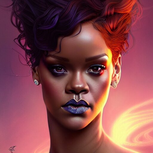 Rihanna as a fantasy magic woman portrait, sci-fi, amber eyes, face, long hair, fantasy, intricate, elegant, highly detailed, digital painting, artstation, concept art, smooth, sharp focus, illustration, art by artgerm and greg rutkowski and alphonse mucha