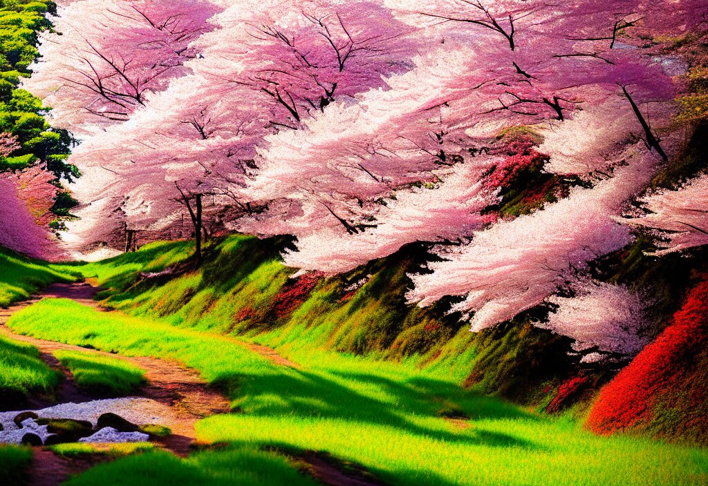 a photographic landscape painting with incomparable reality, wide angle, in forest, flowers, cherry blossom tree in full bloom, bright style, mount fuji, clearing, ordinary. omit the "magnificent"