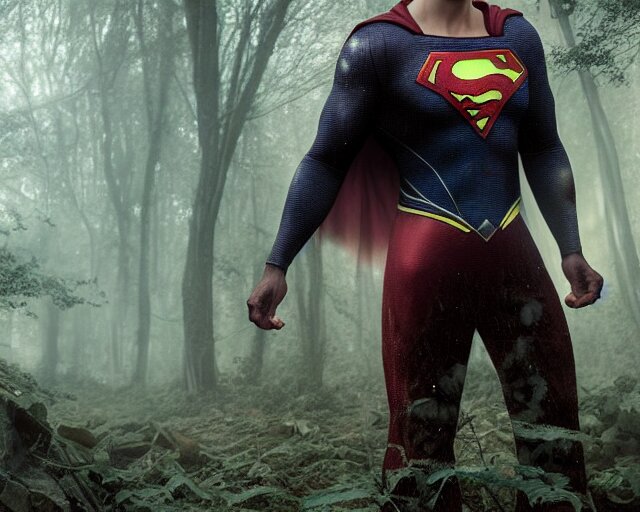 5 5 mm portrait photo of a undead superman in a magical forest, magical atmosphere, art by greg rutkowski and luis royo, highly detailed 8 k, intricate, lifelike, soft light, nikon d 8 5 0