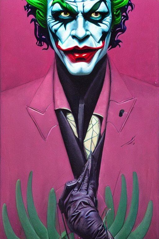 8 0 s art deco joker as aeon flux profile picture, rain like a dream, oil painting, cinematic, symmetrical, surreal, overgrown, dramatic, dreamlike, orchids, bold, cyberpunk, basquiat + zdzisław beksinski + james jean + loish + artgerm + rutkowski +. Add a neon light in the background