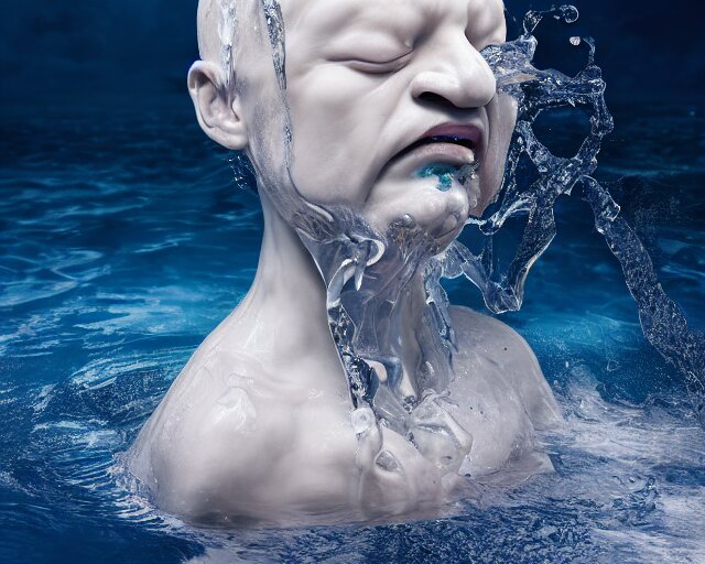 a massive porcelain sculpture of a surreal distorted human face throwing up jelly on the ocean water, in the style of johnson tsang, lucid dream series, cinematic, hyper - realistic, very detailed, realistic water splashes, ray tracing, 8 k resolution, long - shot, sharp focus, low angle, 8 5 mm photograph, wide lens