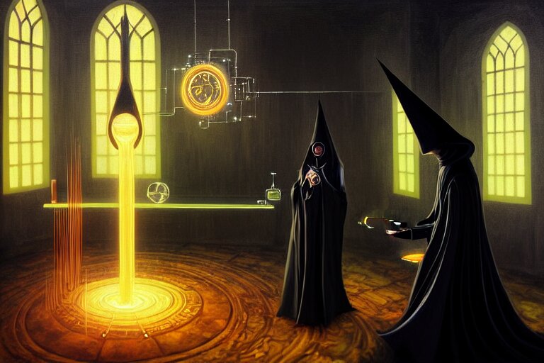 a beautiful masterpiece painting of a technomancer wizard in black robes with pointed hood discussing sentience with his AI in his laboratory by Remedios Varo and Anato Finnstark and Greg Rutkowski