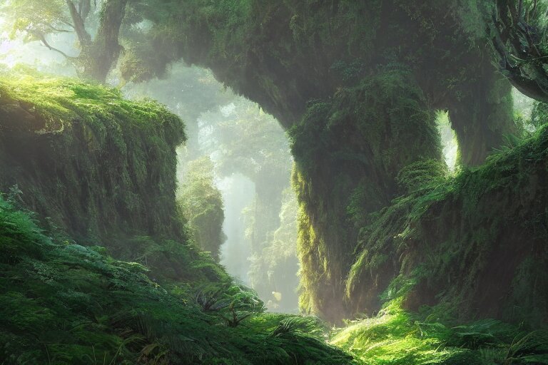 Arch covers in moss and bushes, with a river running through it, sunny day, long shot, matte painting, digital art, by greg rutkowski, in the style of studio ghibli, vivid colors, highly detailed, 8 k, establishing shot, smooth, trending on artstation, illustration, realistic. add a river running through the arch.