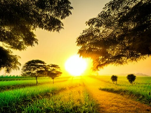 Vietnamese countryside at sunrise with a peaceful feeling. add a peaceful feeling and filter some blue/purple hues