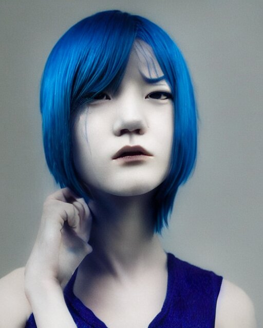 touka kirishima from tokyo ghoul, blue hair, modern fashion, half body shot, photo by greg rutkowski, female beauty, f / 2 0, symmetrical face, warmv colors, depth of field 