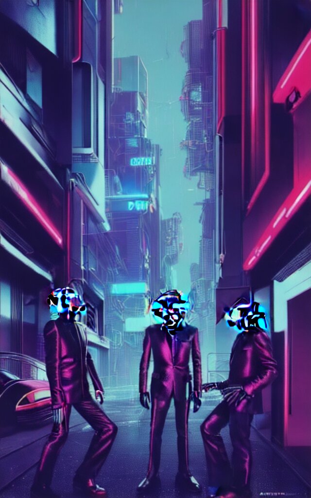 concept art of daft punk at a magnificent dark neon futuristic cyberpunk city bustling street at night cyberart by liam wong in the film akira rendered in octane, 3 d render, trending on cgsociety, blender 3 d