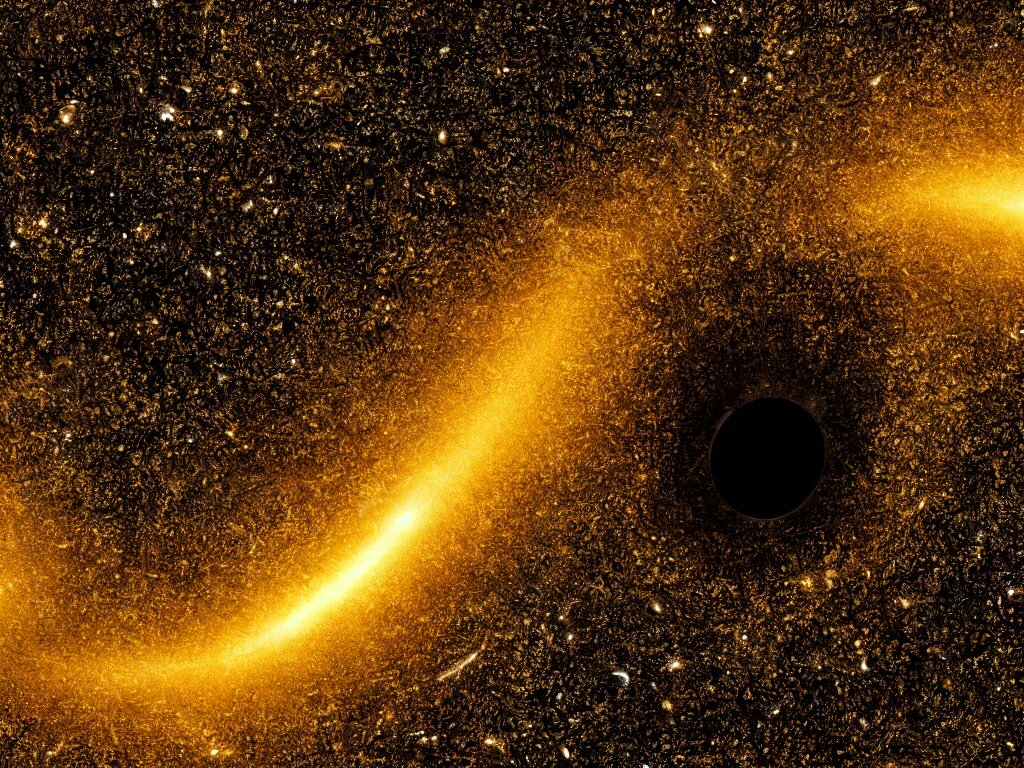 black hole absorbs an interstellar ocean of fluid gold. Add a filter to make it look like a bright, colorful ocean of fluid gold