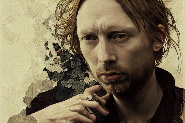 Hyper realistic portrait of thom ( yorke ) singer songwriter, side, liminal space, by lee bermejo, alphonse mucha and greg rutkowski