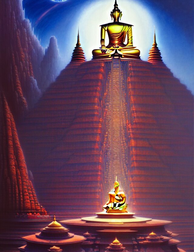 A giant buddha Gundam, Thailand architecture, Mosque architecture, Fantasy scifi, Tim Hildebrandt, Wayne Barlowe, Bruce Pennington, Donato Giancola, trending on Artstation, Cinematic Composition, Beautiful Lighting, Hyper Detailed, 8K, Oil on Canvas. remove the lighting and make it night